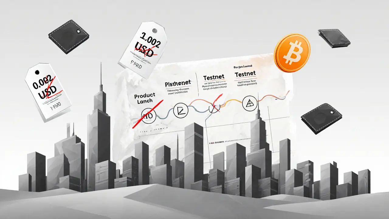 Minimalist metaverse city half-built with floating price tags and empty wallets, roadmap crossed out.