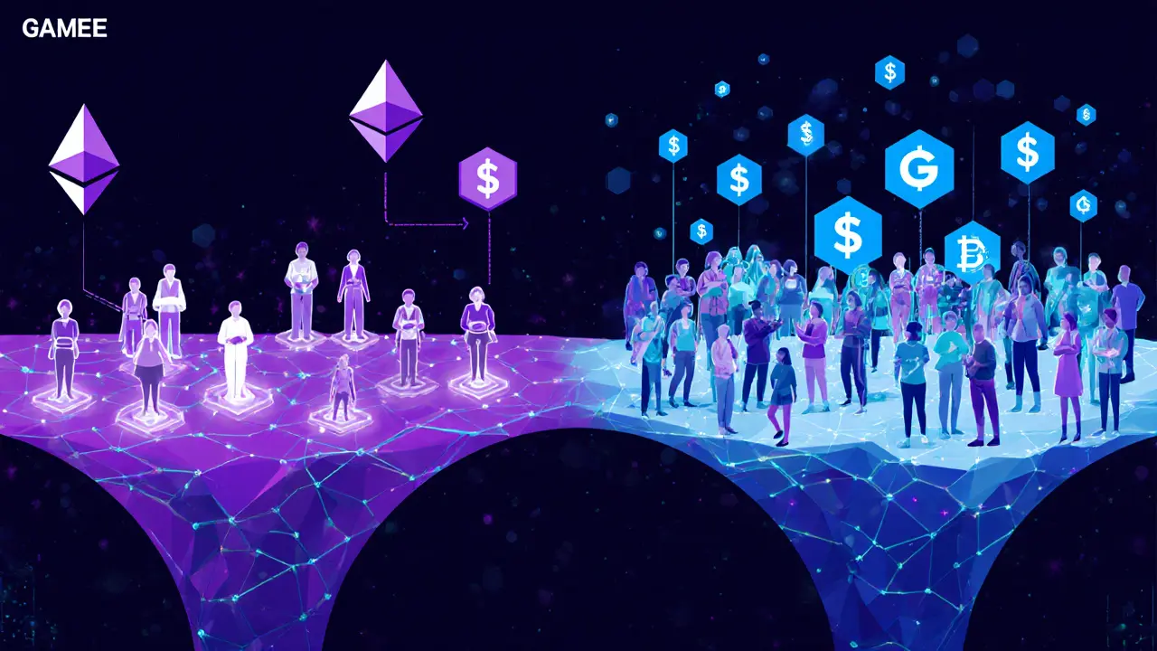 Abstract bridge connecting GMEE and WATCoin tokens between gamers