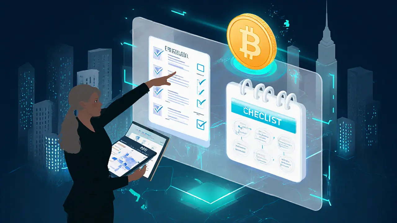 Compliance dashboard with checklist, calendar, and crypto coin, overseen by a compliance officer.