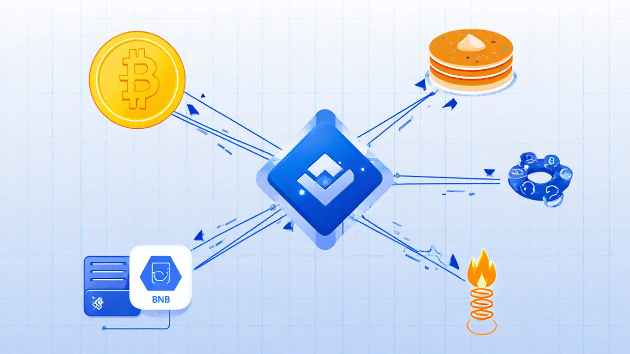 Diagram of SafeMars ecosystem with BSC, BNB, PancakeSwap, and token flow.