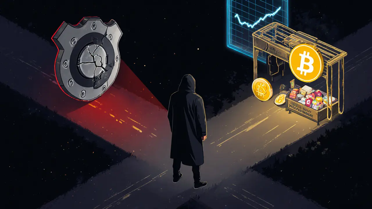Digital artwork of a shadowy trader facing risk symbols like a police badge, bank freeze icon, and a glowing crypto bridge.