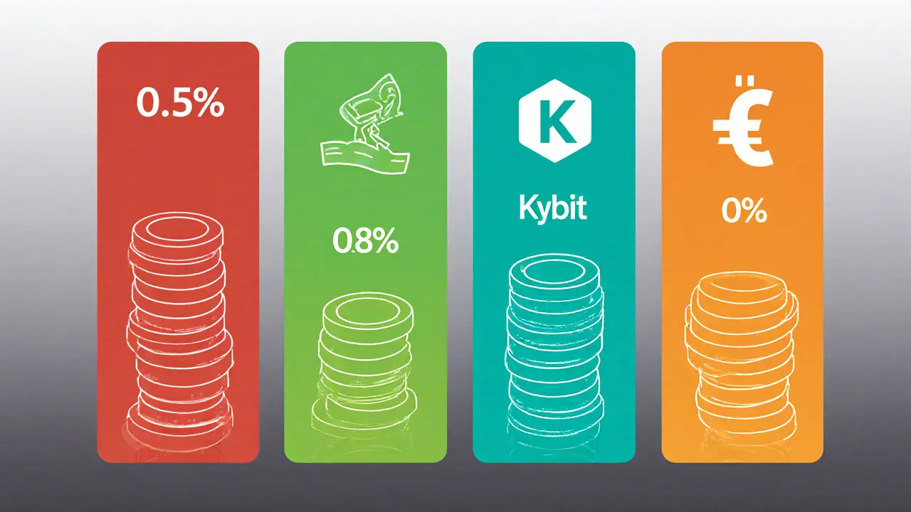 Four vertical panels illustrating fee stacks and fiat support icons for Daybit, Binance, Bybit, and KuCoin.