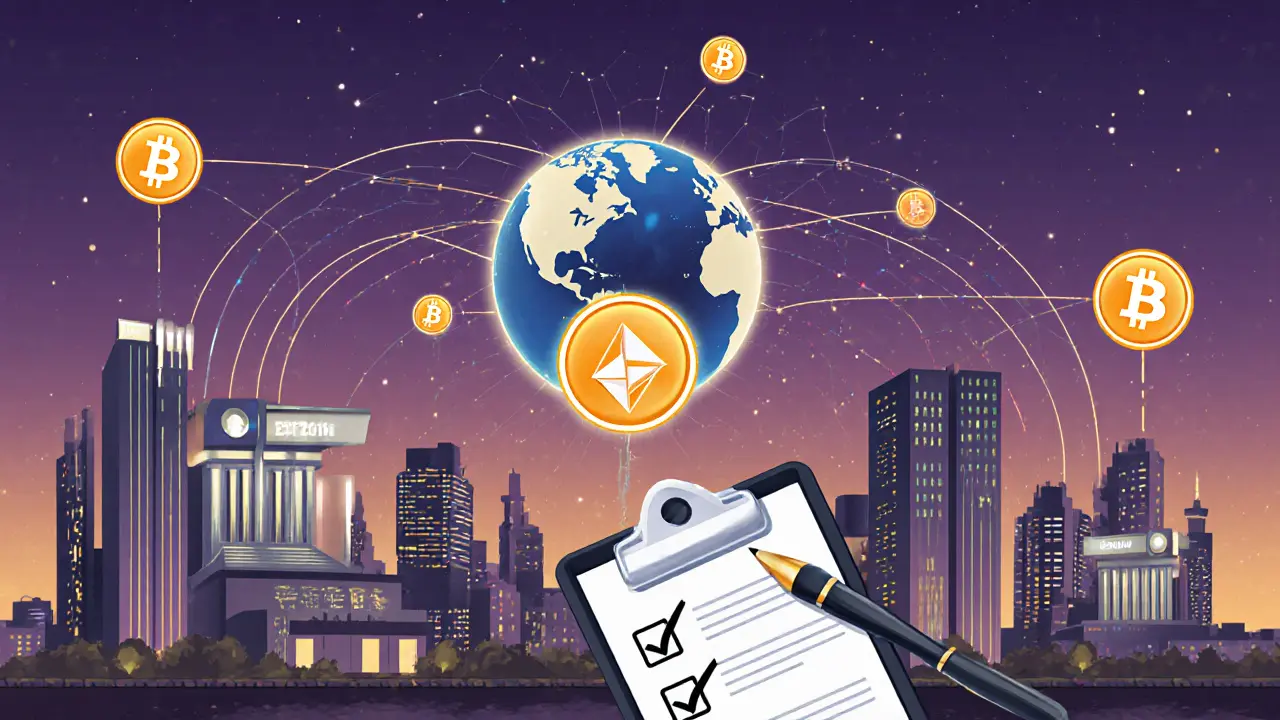 Futuristic city with bank towers, blockchain arcs, and a crypto rocket suggesting future outlook.