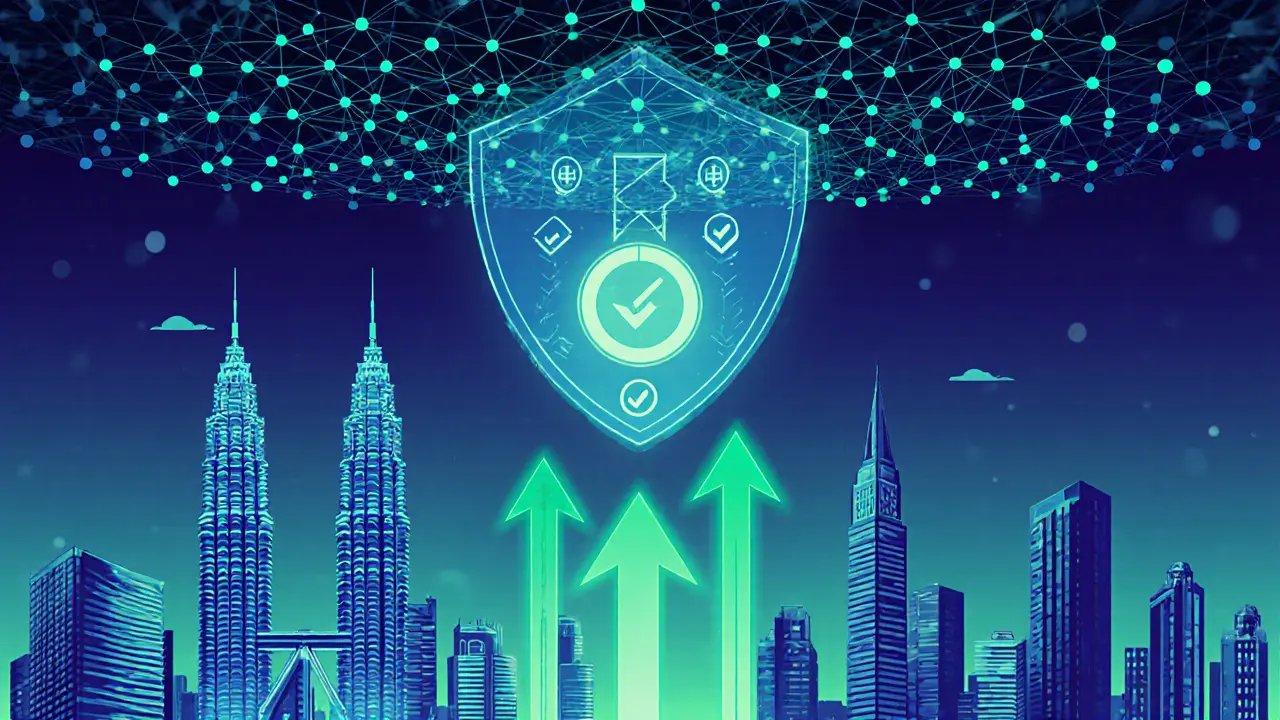 Futuristic cityscape with blockchain nodes, compliance shield, and rising chart.
