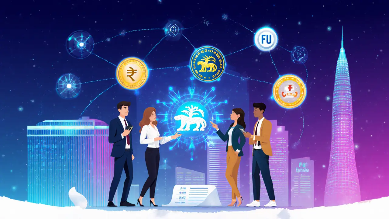 Futuristic Indian cityscape with people viewing holographic crypto charts and regulatory buildings.