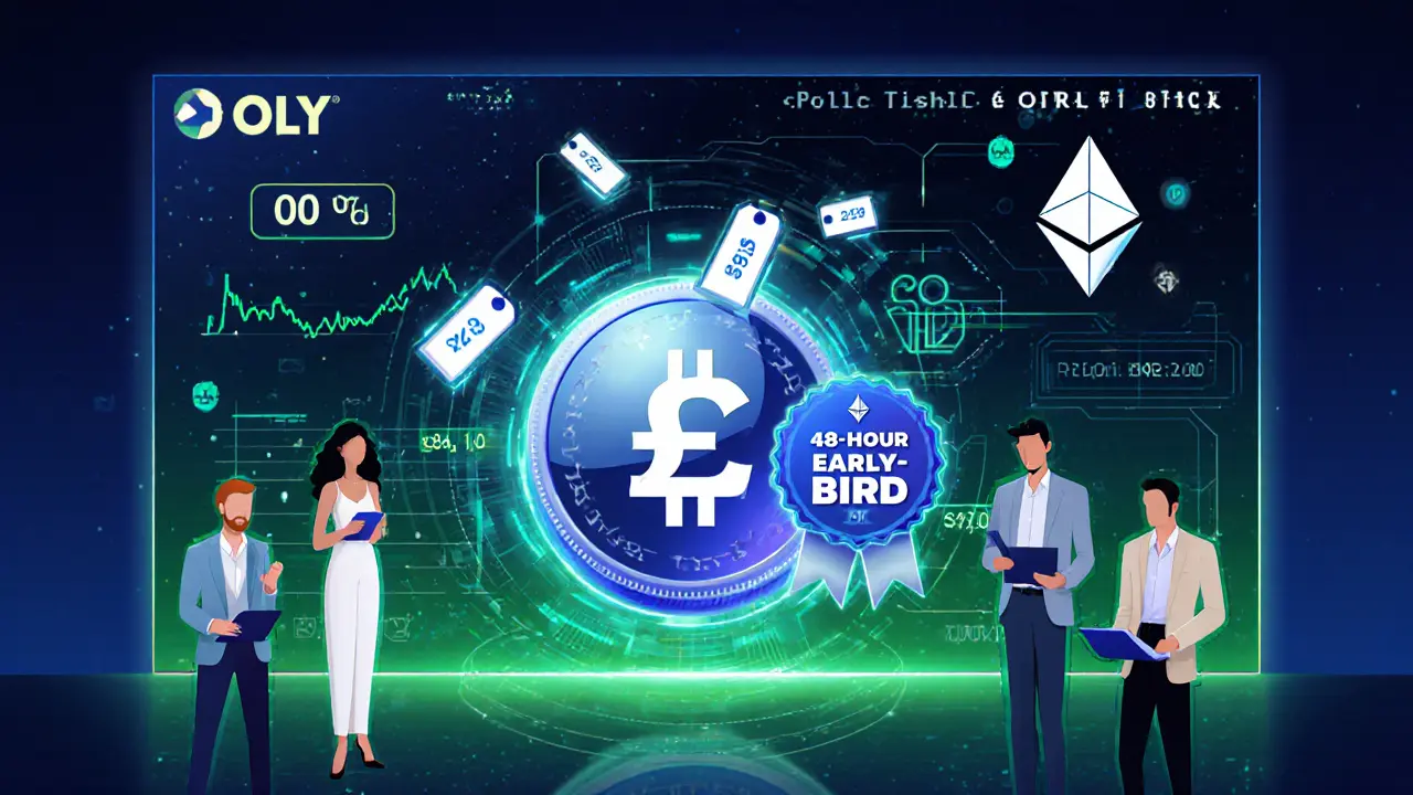 Glossy OLY token with early‑bird badge surrounded by investors and holographic sale UI.