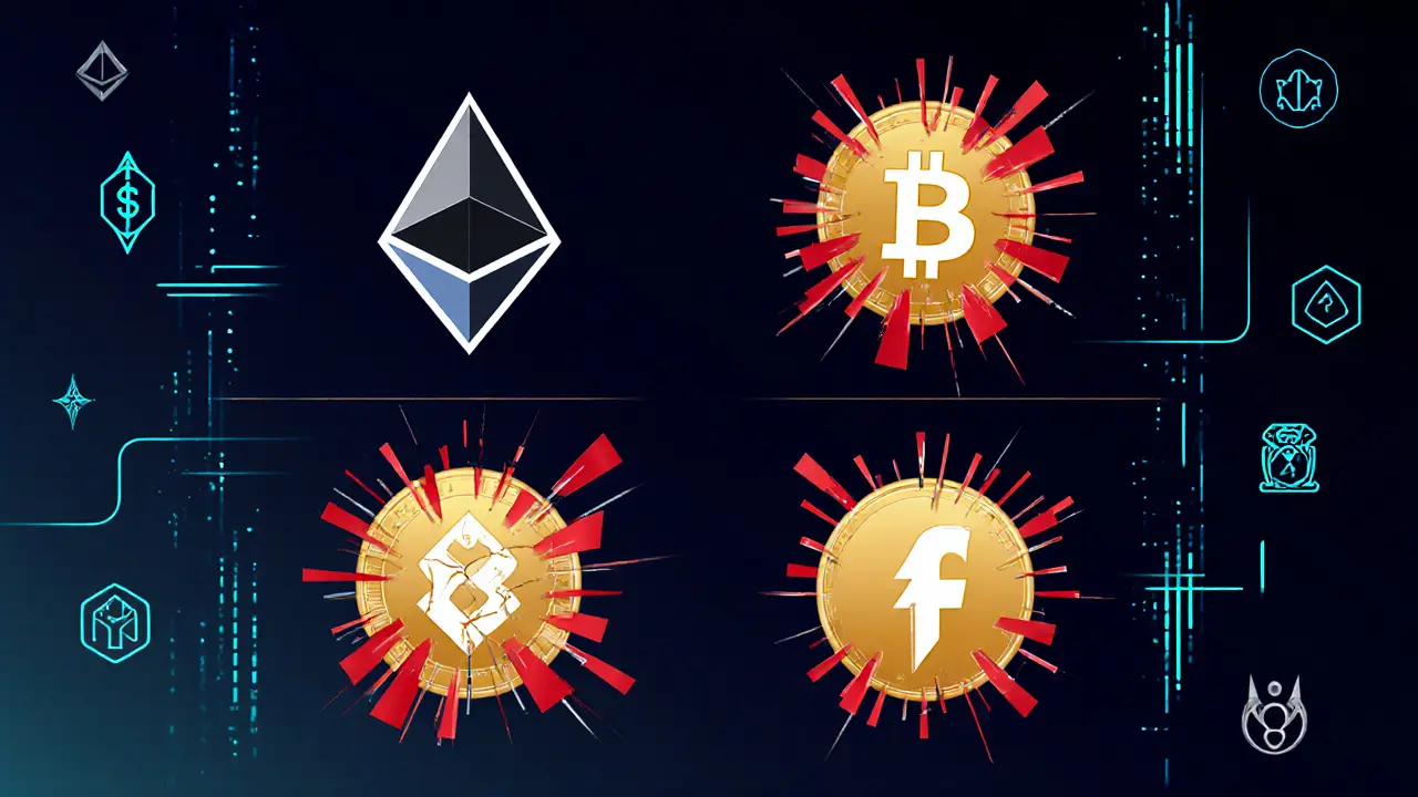 Grid of cracked coin icons with alerts, representing historic 51% attacks.
