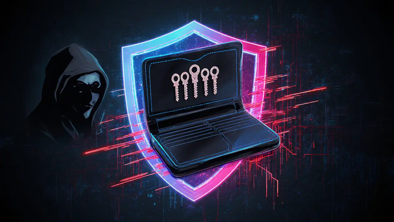 Hardware wallet with multi‑signature keys protecting a glowing shield from digital attack.