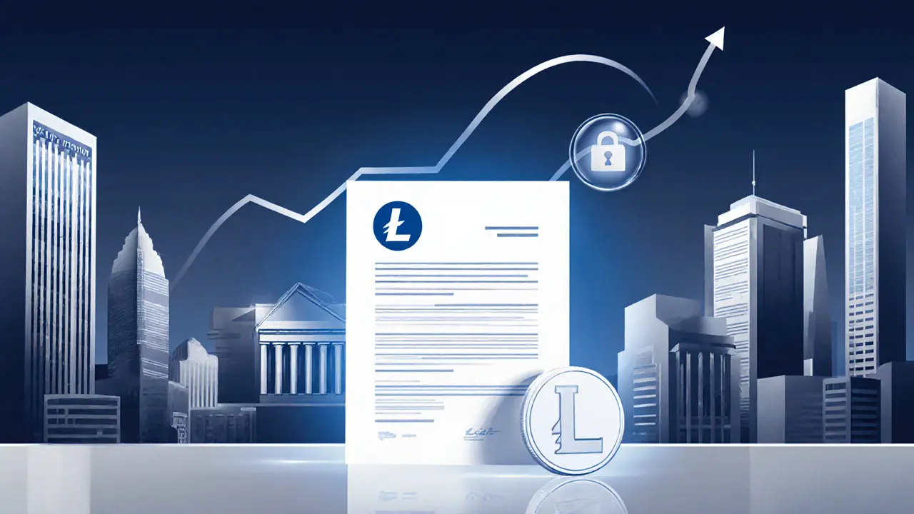 Illustration of an LTC ETF, institutional buildings, and a rising light line with a privacy bubble.