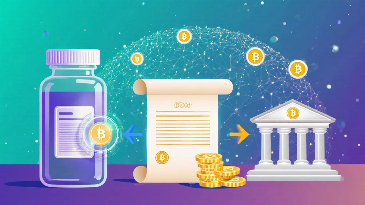 Illustration of blockchain use cases: pharma tracking, land registry, and inter‑bank settlement with futuristic visual elements.