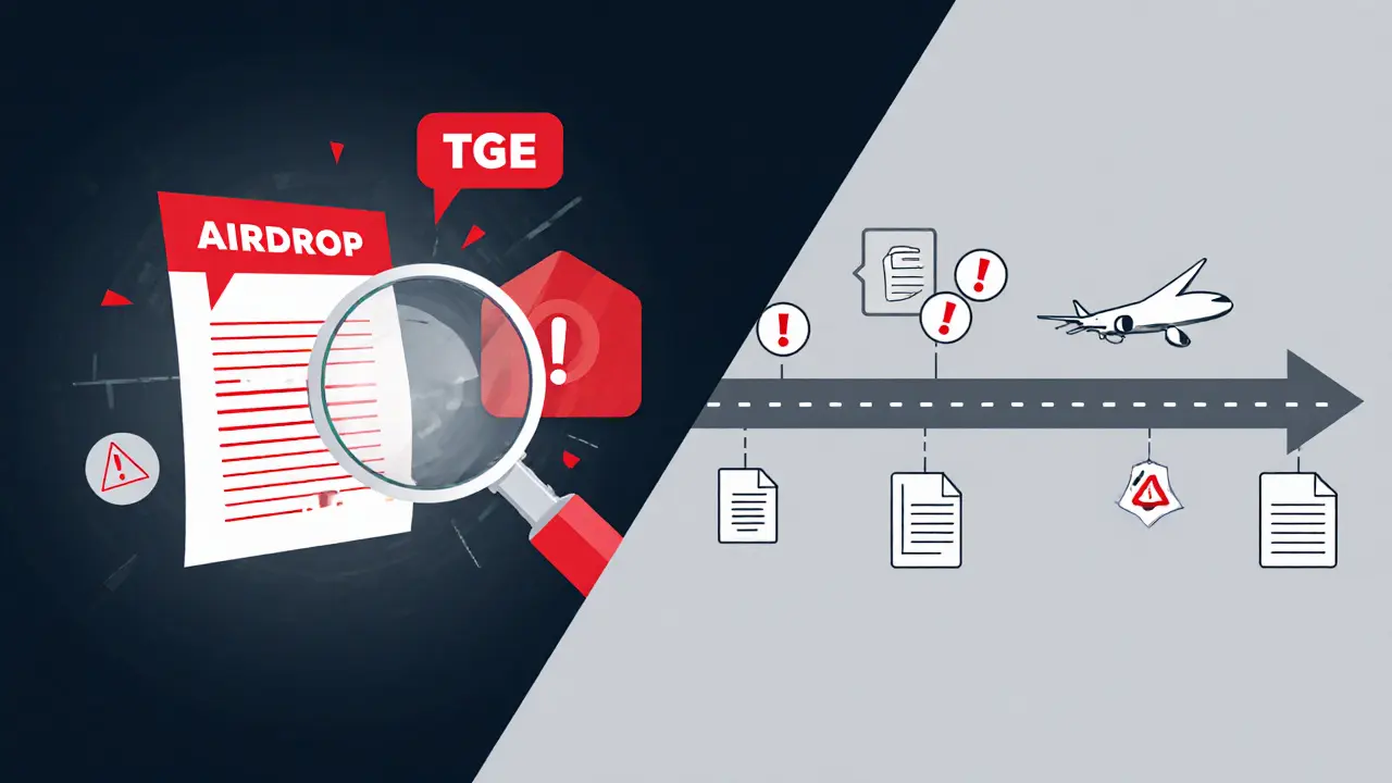 Magnifying glass over fake airdrop claim and roadmap showing possible token drops and warnings.