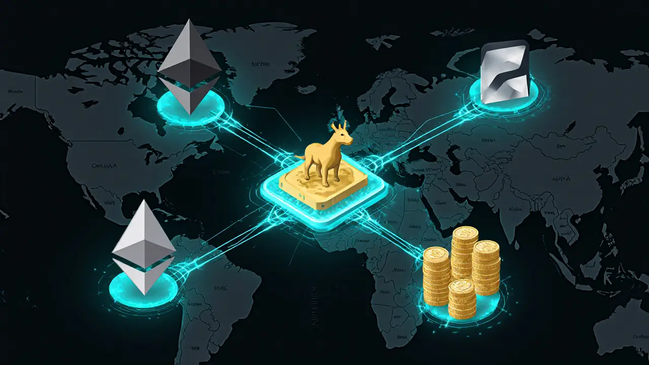 Multi-chain network with glowing connections leading to a central profit-sharing hub