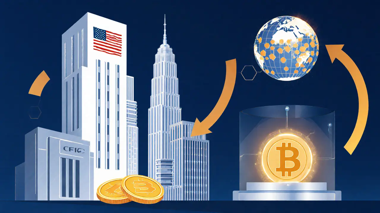 Regulatory icons of SEC, CFTC, FATF, and Malaysia sandbox with arrows and sunrise.