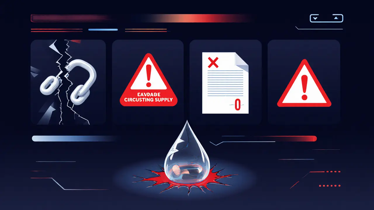 Risk illustration with broken chain, zero supply alert, no audit, and thin liquidity pool.