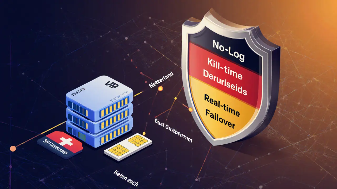 Secure workspace with multi‑hop VPN diagram, foreign SIM, and safety shield.