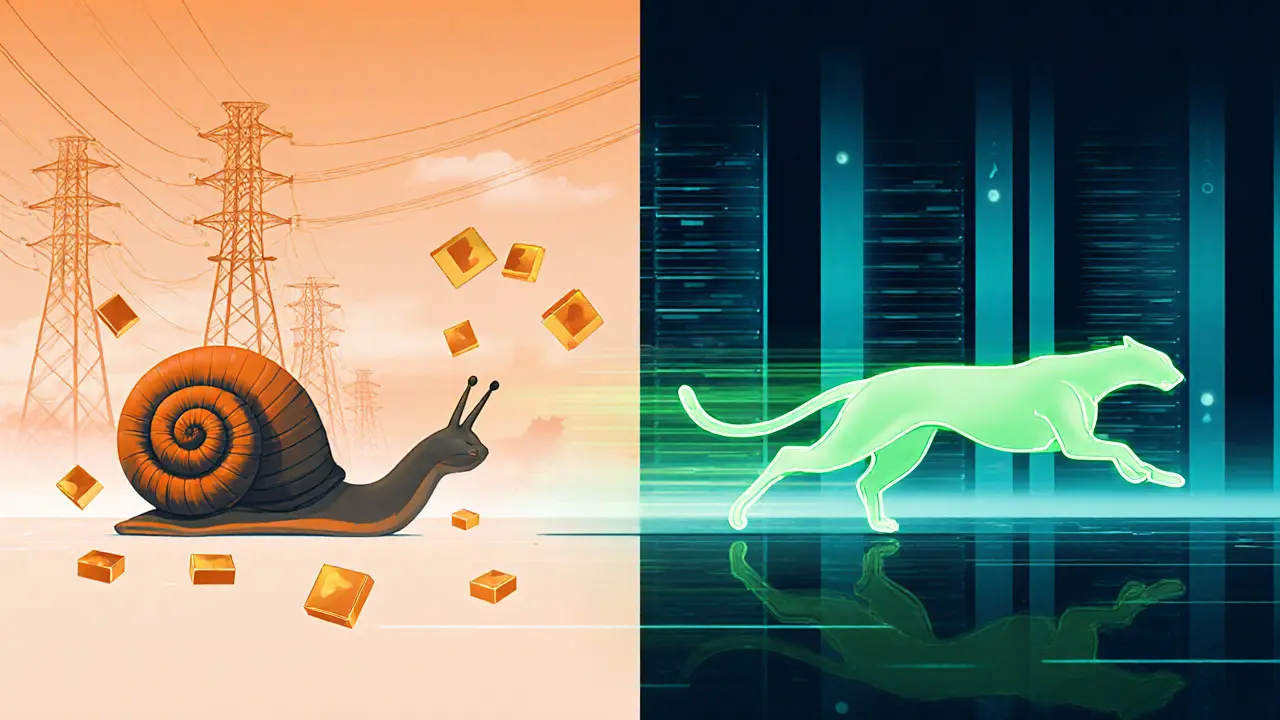 Side-by-side contrast of a slow public blockchain and a fast permissioned blockchain, highlighting speed and energy differences.