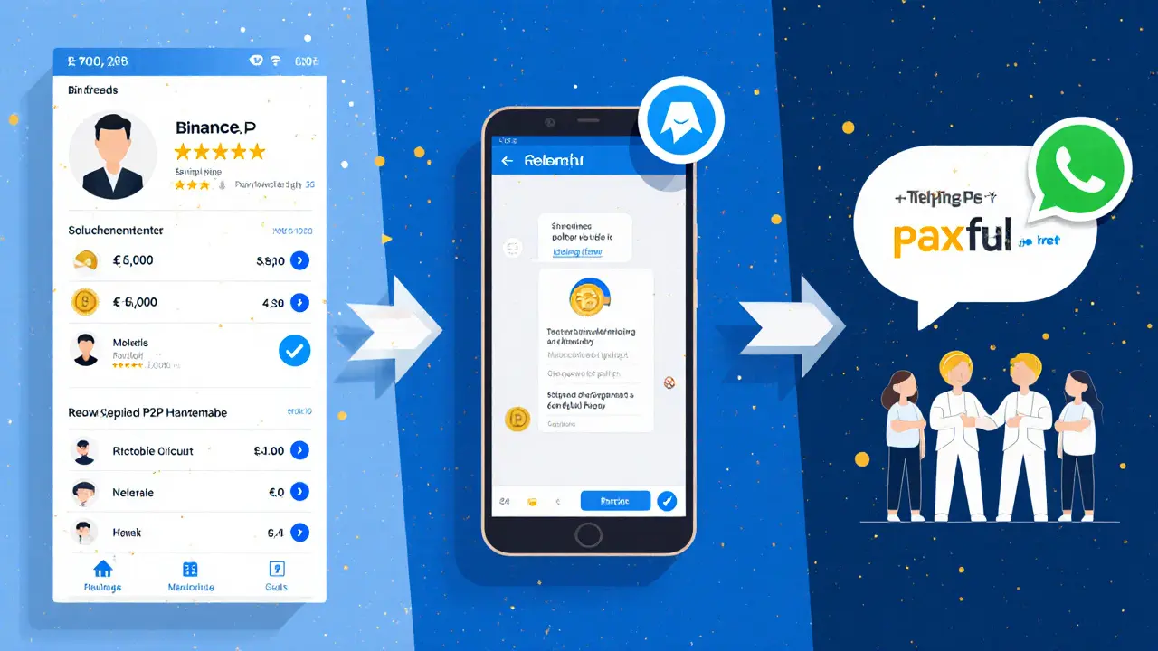 Split-screen showing Binance P2P seller selection, test payment, and WhatsApp escrow confirmation.
