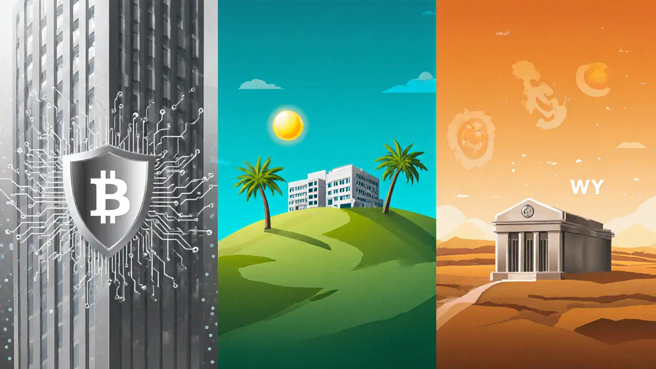 Three state licensing scenes: New York skyscraper with shield, California office with palm trees, Wyoming plains with vault.