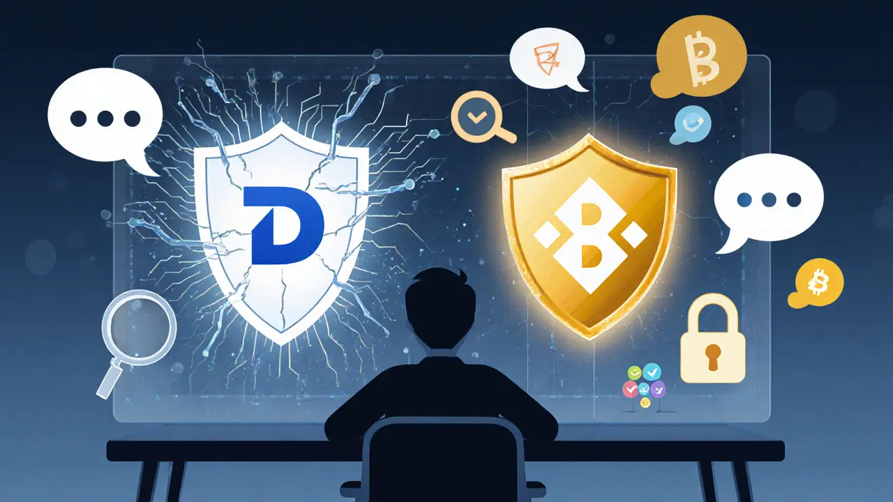 User examining Daybit&#039;s faint shield versus Binance&#039;s bright lock, with empty chat bubbles on Daybit side.