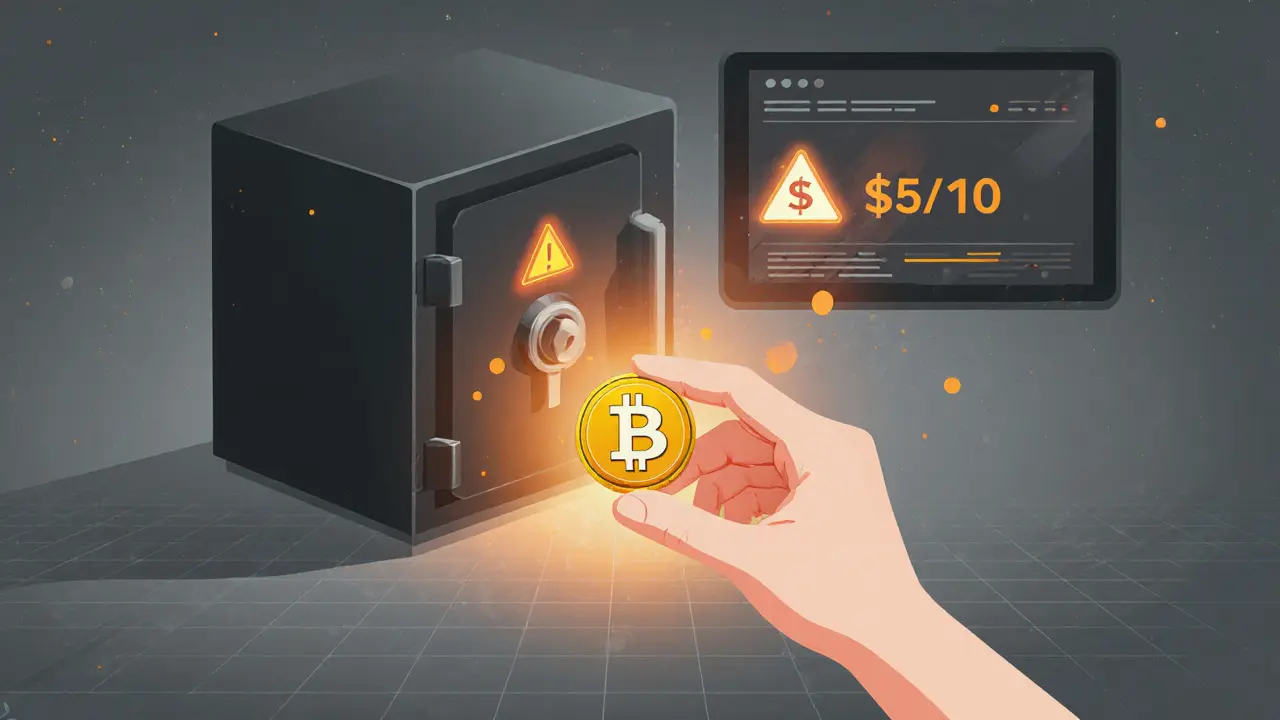 User holding a small crypto coin over a semi‑open digital safe with a warning sign.