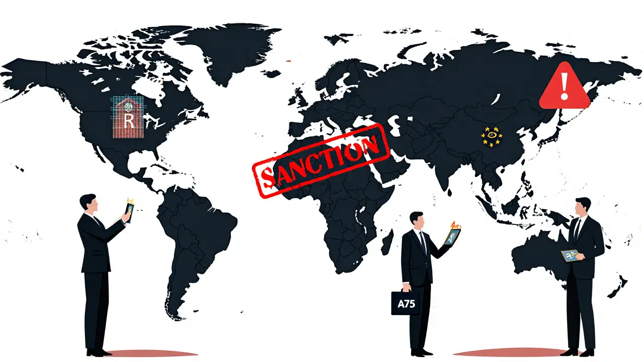 Vector art of global officials raiding a Kyrgyzstani bank linked to crypto sanctions.