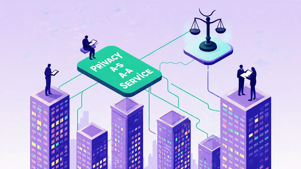 Vector cityscape of blockchain towers with plug‑in privacy modules and developers coding, balanced by a scale.