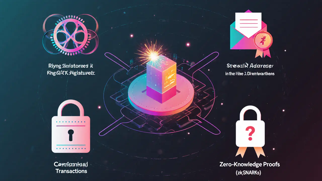 Vector icons showing ring signatures, stealth addresses, confidential transactions, and zk‑SNARKs around a blockchain node.