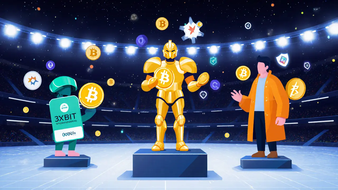 Vector illustration of 3XBIT, Bybit, and Binance as characters on podiums with feature icons.