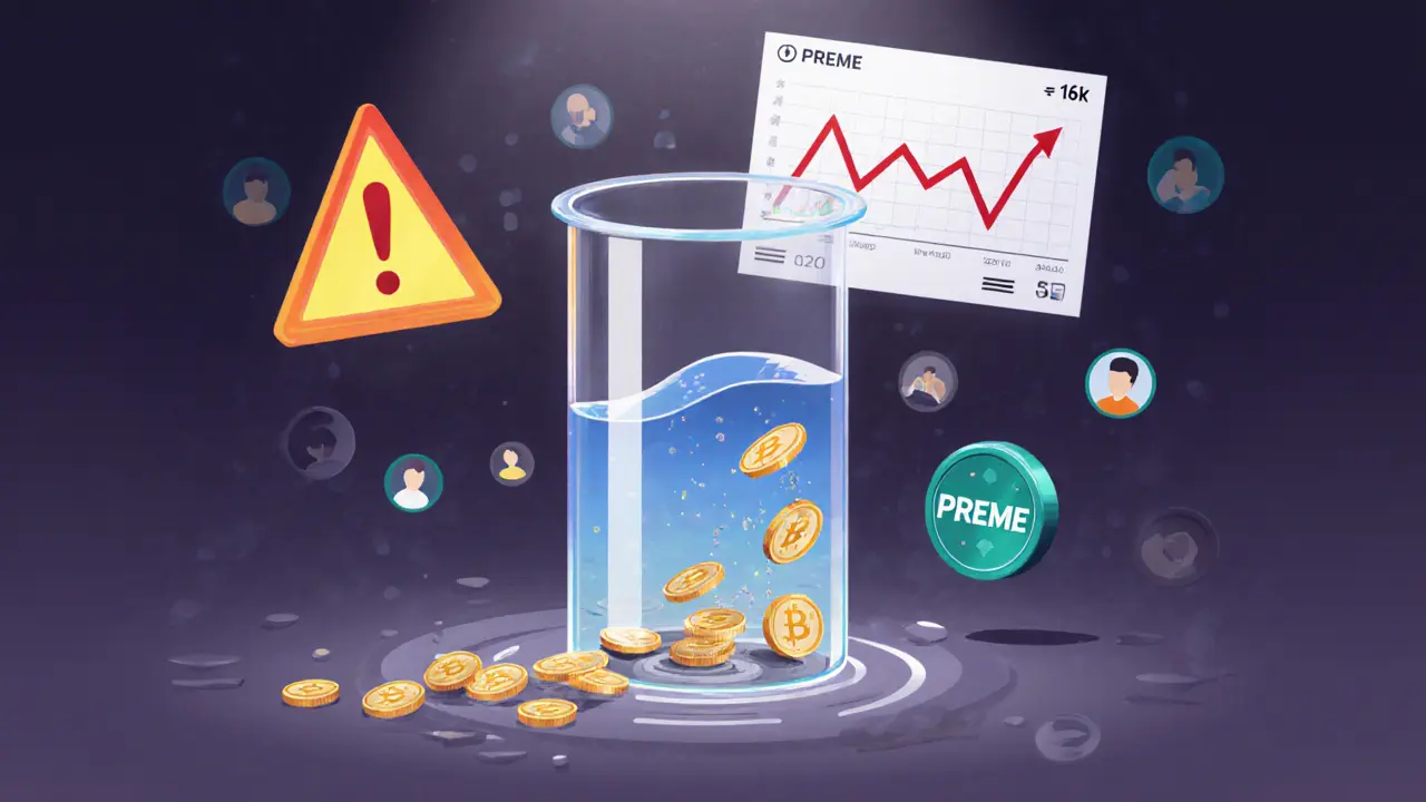 Vector illustration of thin liquidity pool, warning signs, and low community avatars for PREME.