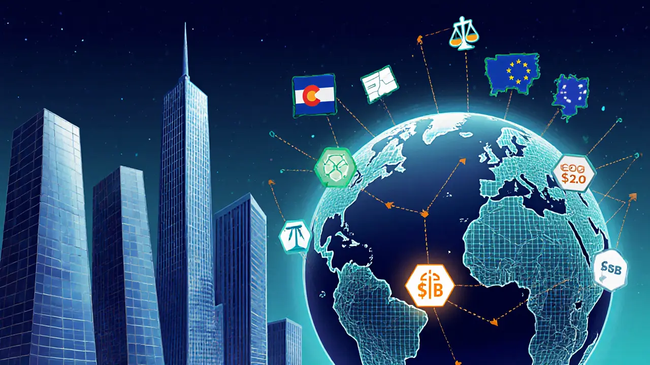 Vector image of a futuristic city with expanding DAO network globe, legal icons, and Fortune 500 connections.