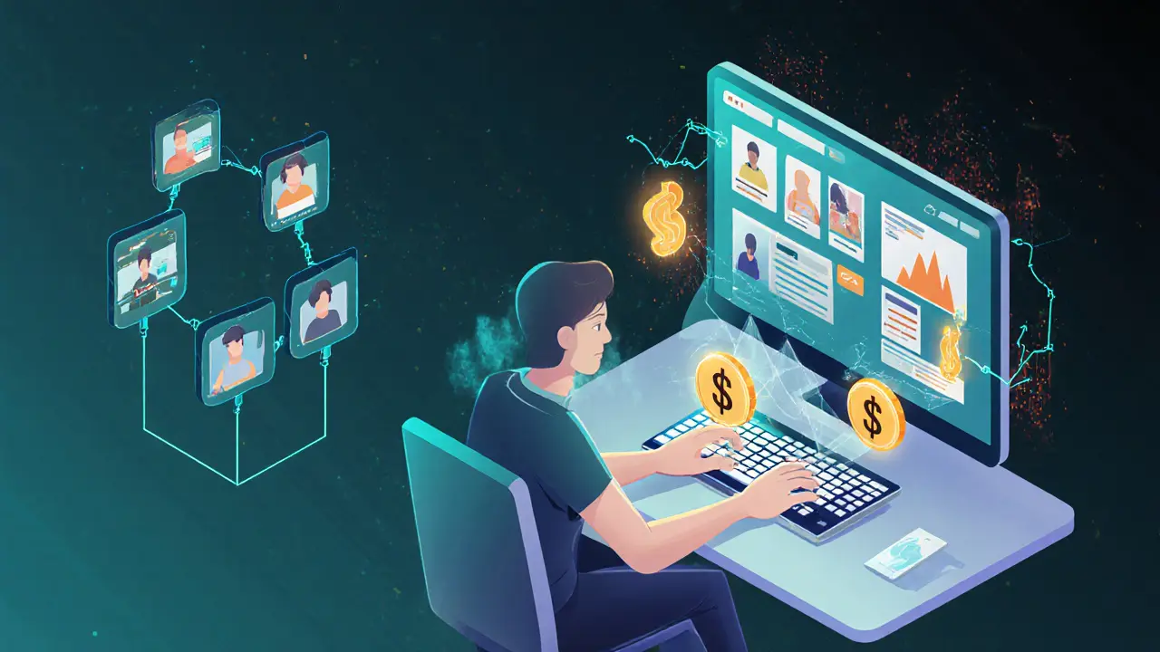 Vector scene of a data worker labeling data, generating glowing TAG tokens via smart contracts.
