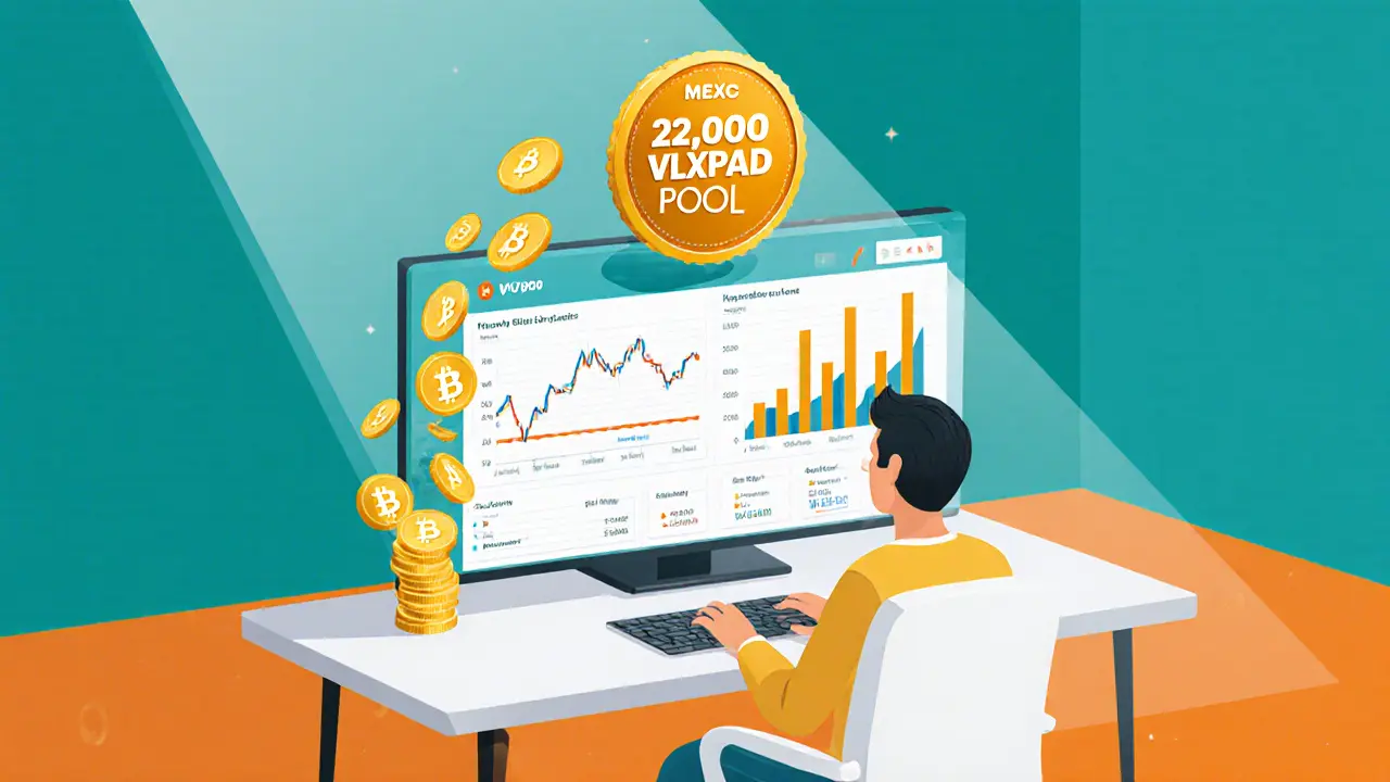 Vector scene of a trader on MEXC earning VLXPAD rewards with charts and token pool.