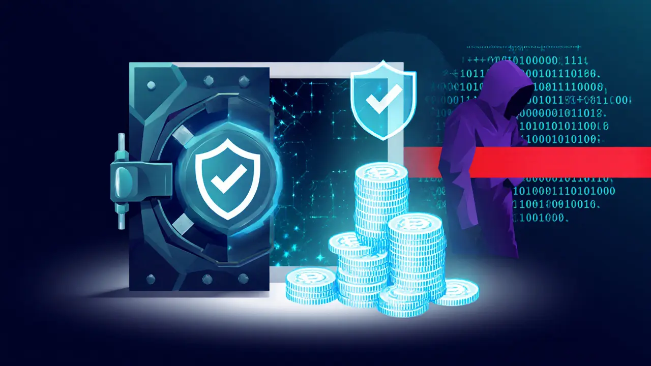 Vector scene of a vault, shield, and blocked hacker representing 3XBIT security measures.