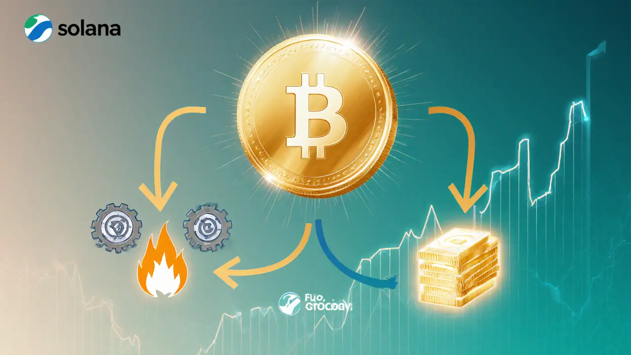Vector scene of BERRIE coin on Solana with arrows showing fee‑to‑token buy‑back, burning, and staking flow.