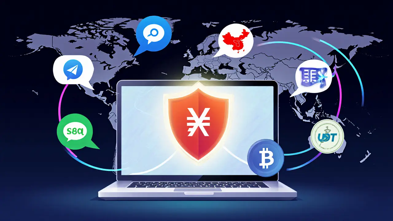 Vector scene showing a laptop with VPN icon, Telegram and WeChat chats, and logos of LocalBitcoins, Paxful, and Bisq.