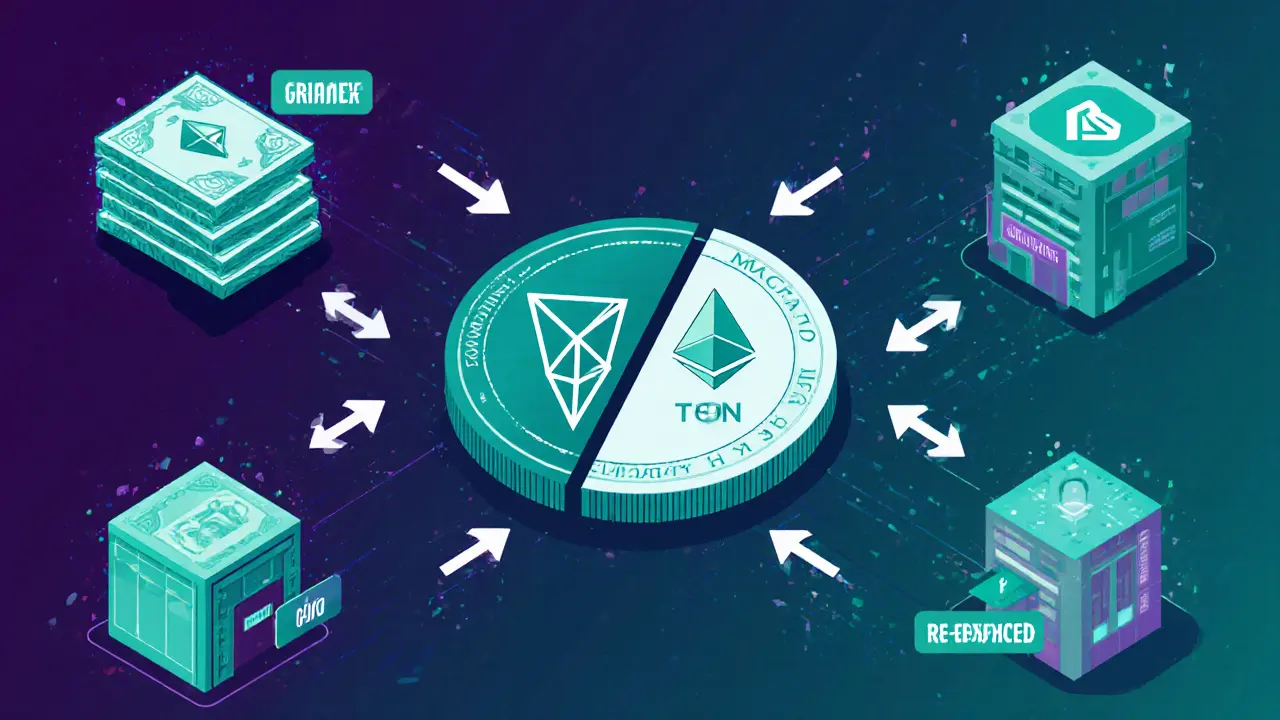 Vector scene showing A7A5 token bridging TRON and Ethereum with exchanges.