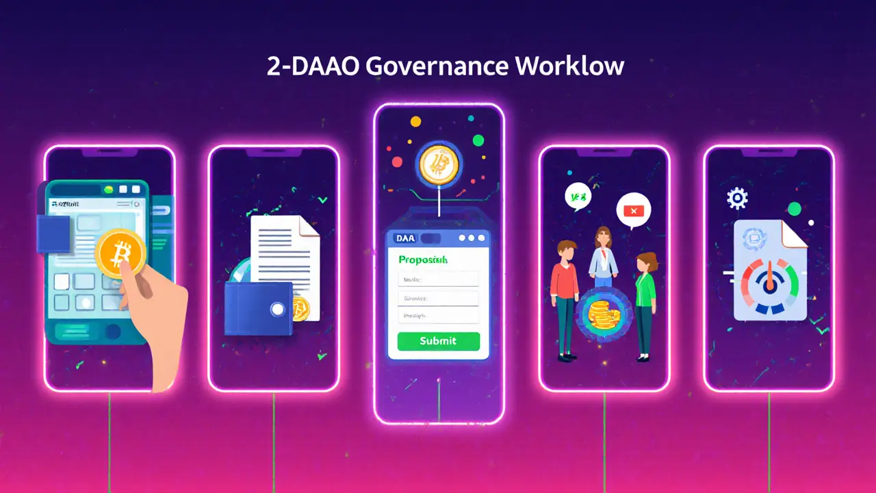 Vector scene showing five steps of DAO voting: token purchase, wallet connection, proposal submission, voting, execution.