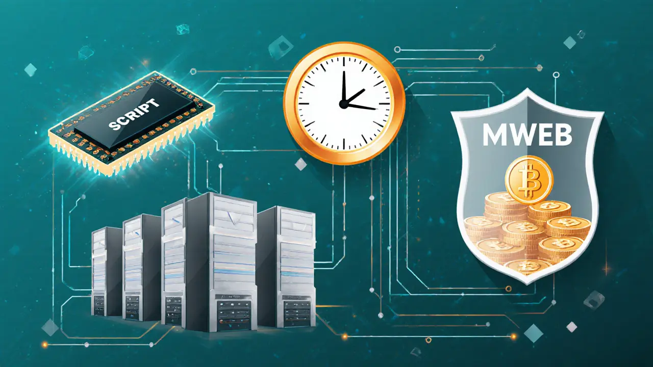 Vector scene showing Scrypt chips, miners, a 2.5‑minute clock, and an MWEB privacy shield.