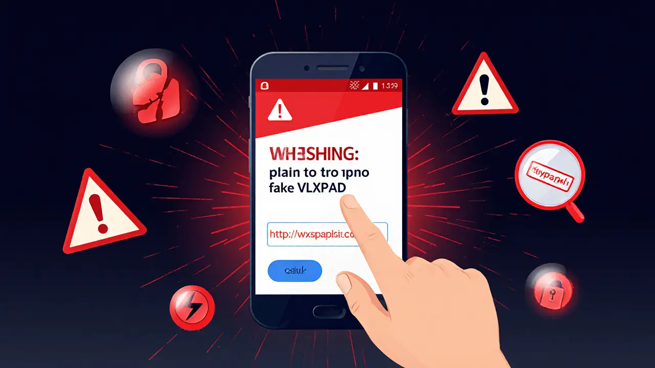 Vector warning illustration showing phishing scams and red flags for VLXPAD airdrop.