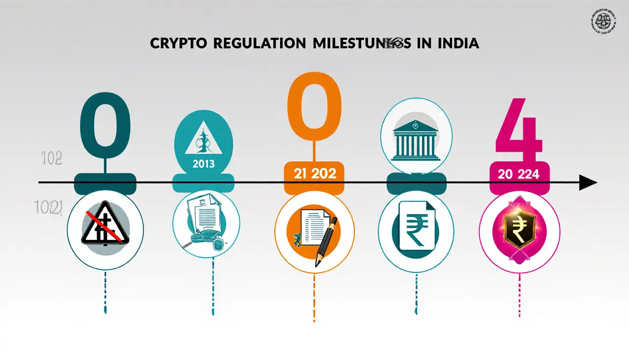 Vertical timeline showing major Indian crypto regulation events with simple icons.