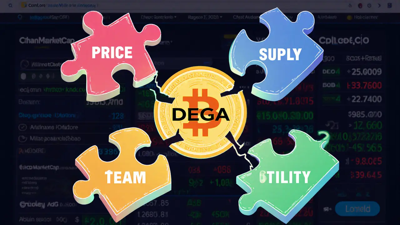 A broken puzzle with missing crypto project elements, centered on a lifeless DEGA coin.