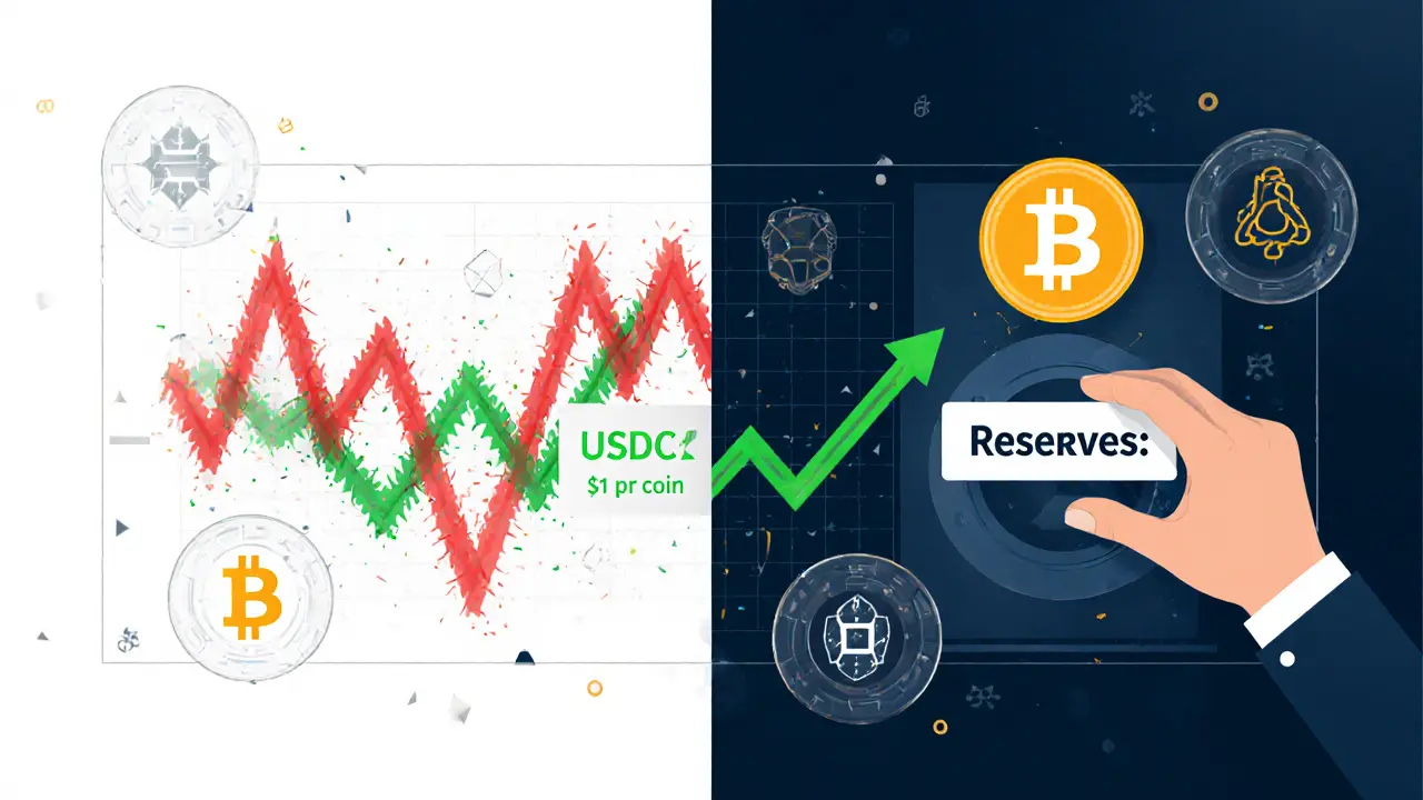 A calm stablecoin line contrasts with wild Bitcoin chart inside a digital vault.