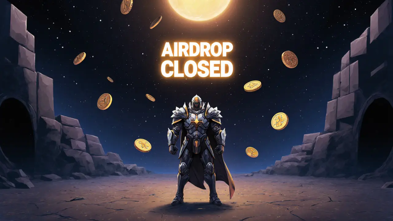 A faded NFT hero stands alone in an empty arena with &#039;Airdrop Closed&#039; floating above.