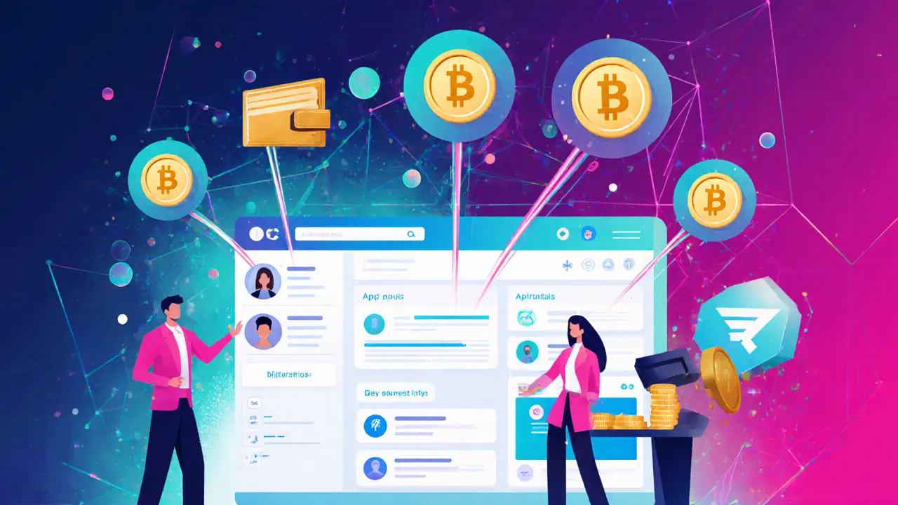 A futuristic social dashboard with wallet profiles and POP tokens flowing from content posts, built with clean vector geometry.