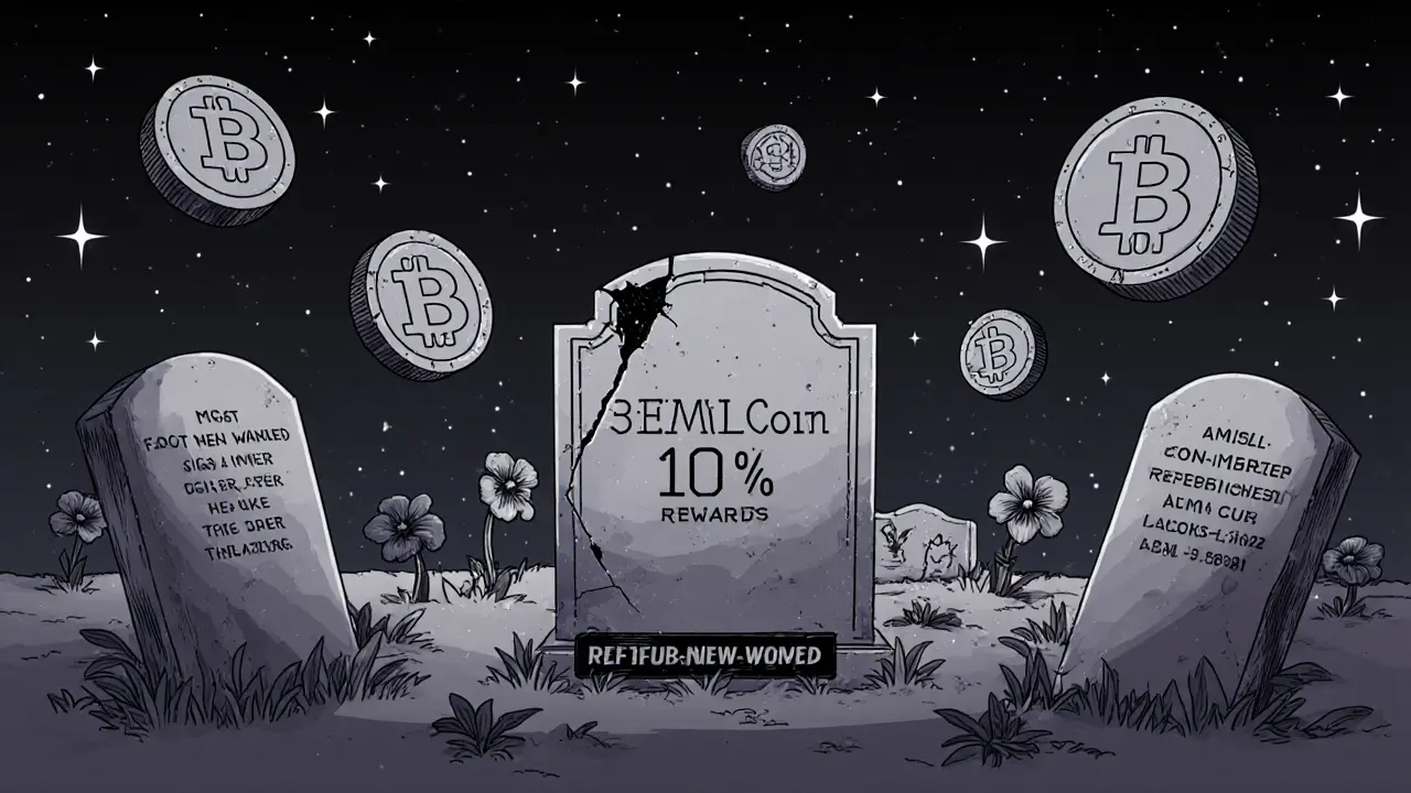 A graveyard of crypto tokens includes a cracked BEMIL Coin tombstone under a starless void.