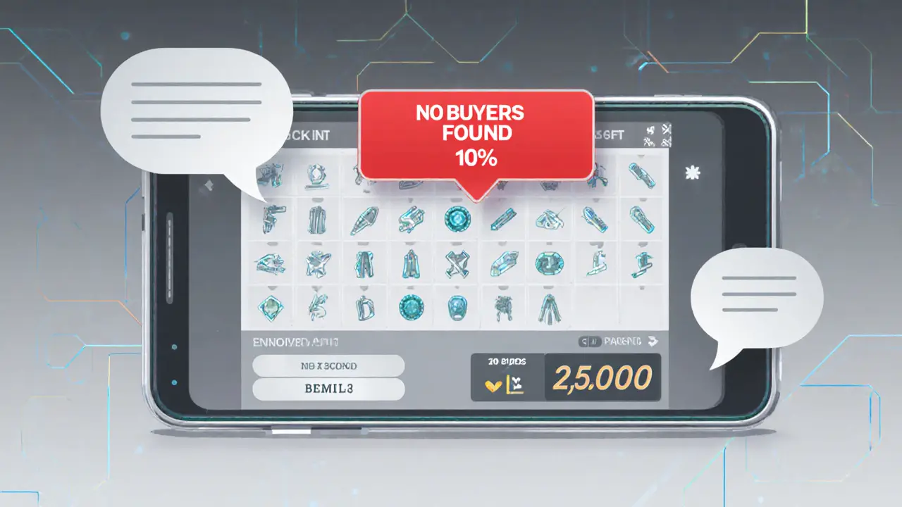 A mobile game screen shows a stuck progress bar and &#039;No Buyers Found&#039; message with declining player numbers.