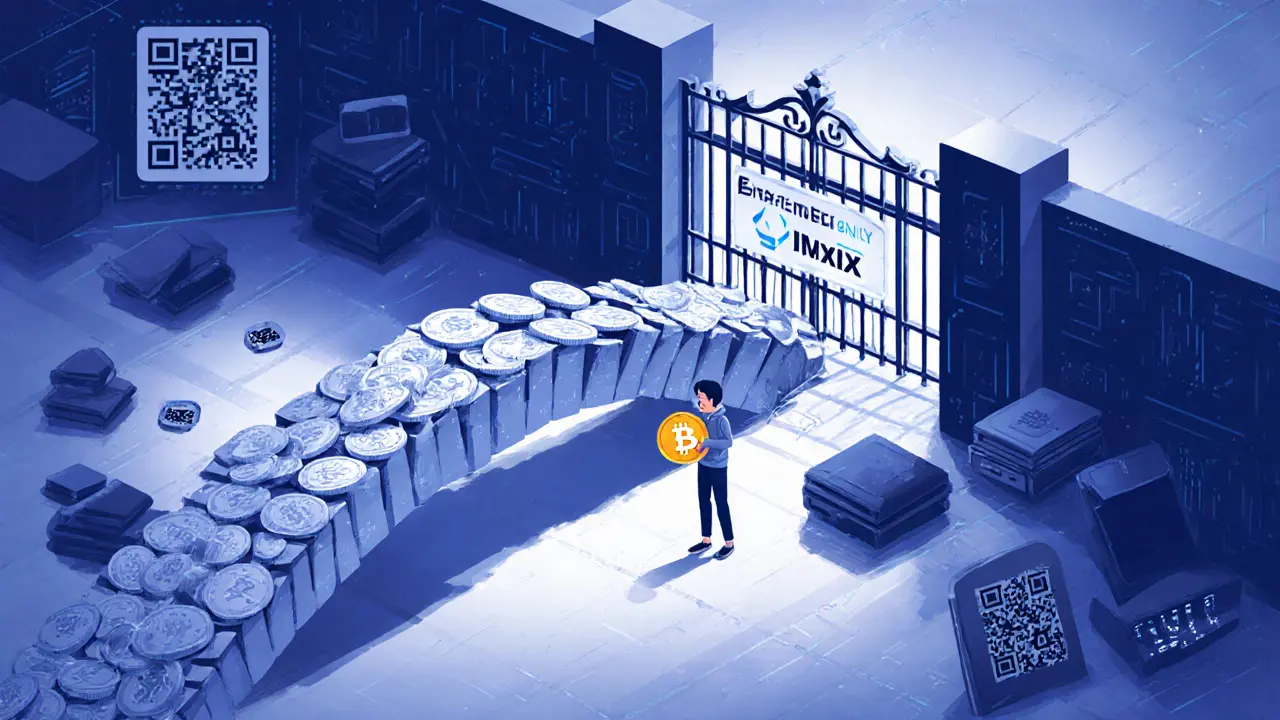 A person stands before a broken bridge to Bitfinex, holding an MXNt token with no other paths available.