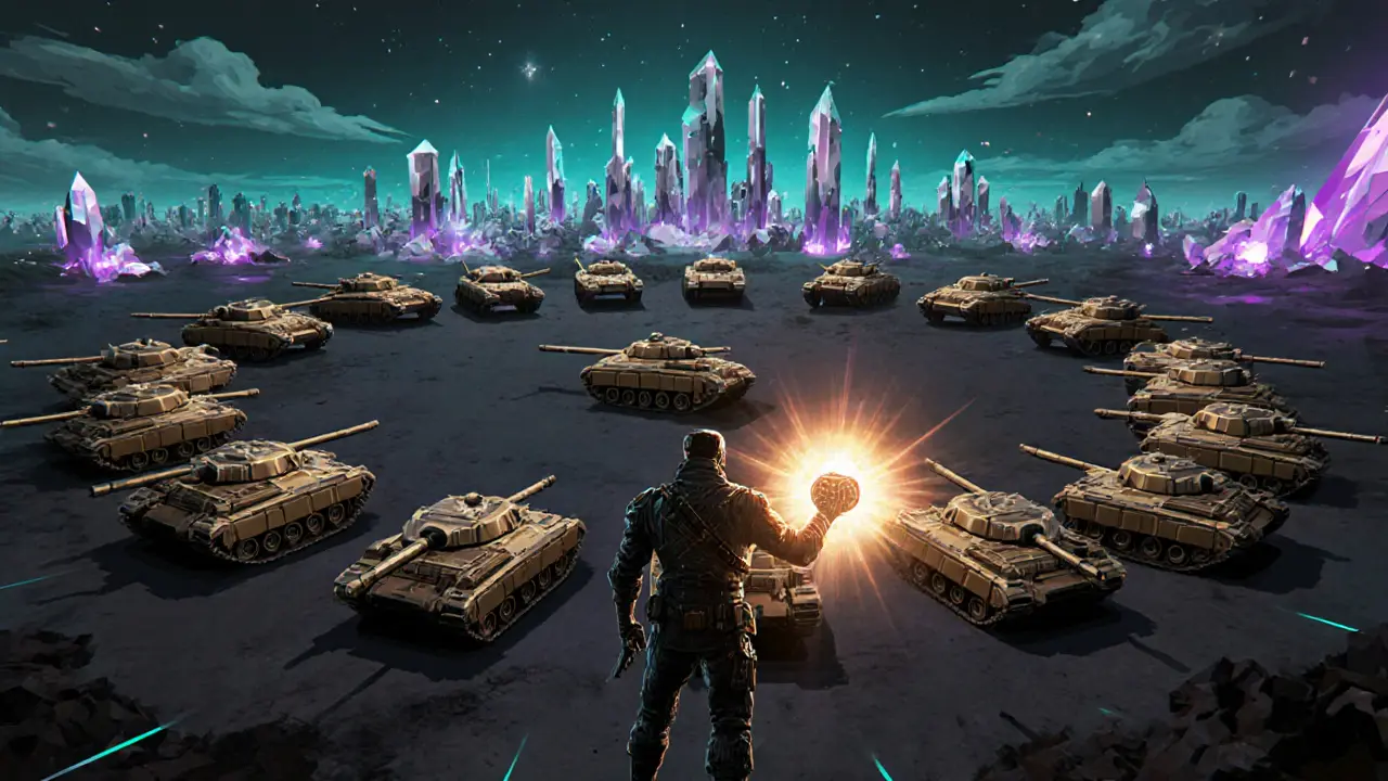 A player holding a radiant Origin Tank NFT, surrounded by 699 other unique tanks in a digital battlefield.