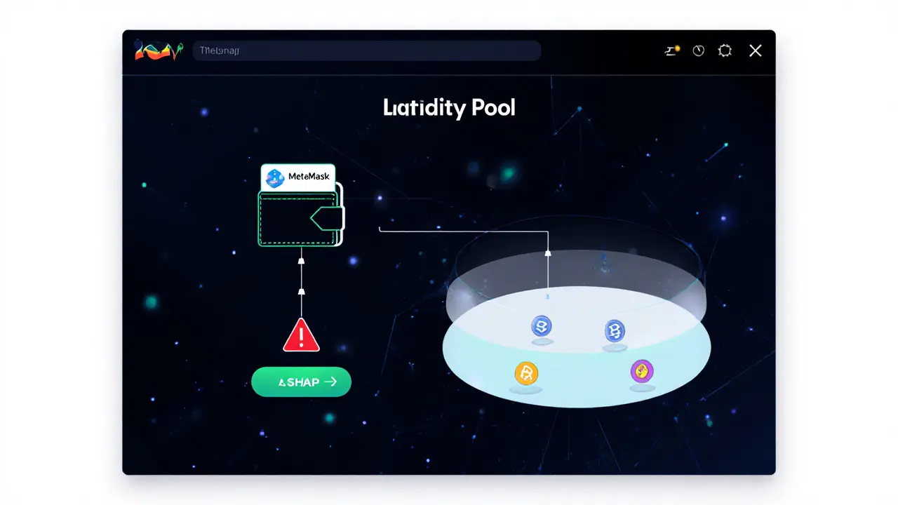 An empty Uniswap liquidity pool with minimal ETH and CIV tokens, warning triangle above swap button