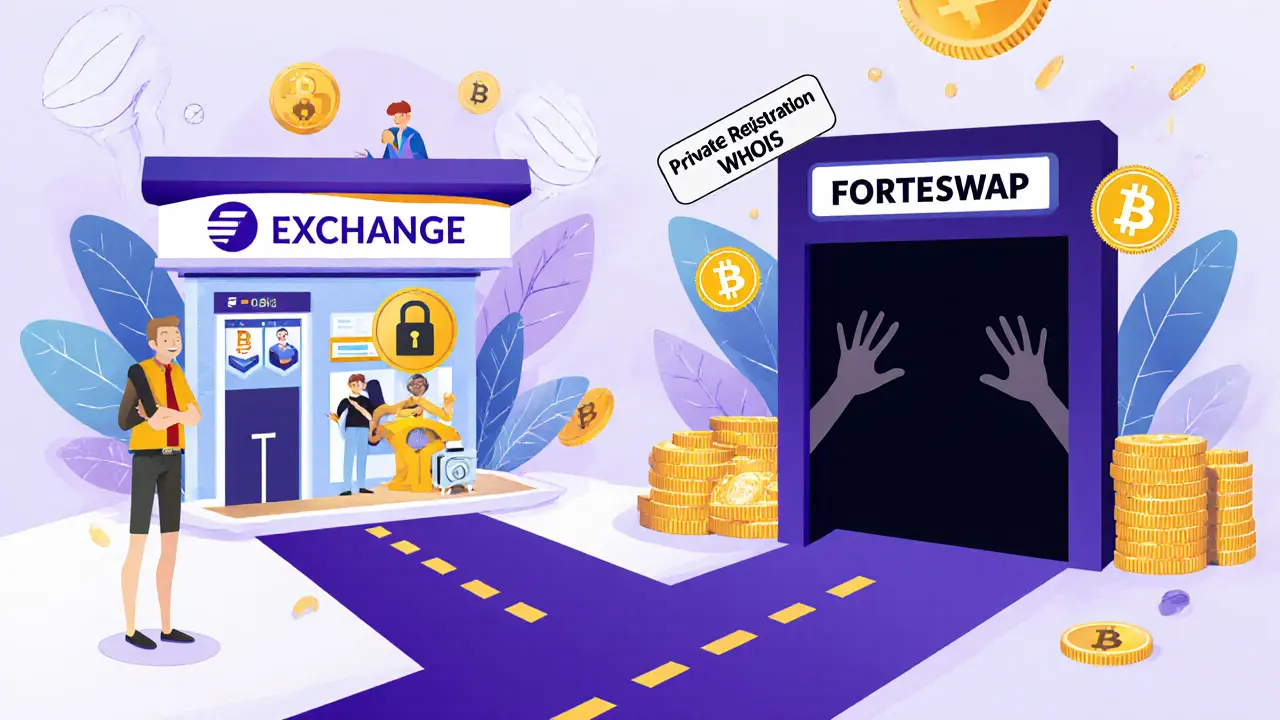 An investor at a crossroad choosing between a safe crypto platform and a dangerous void.